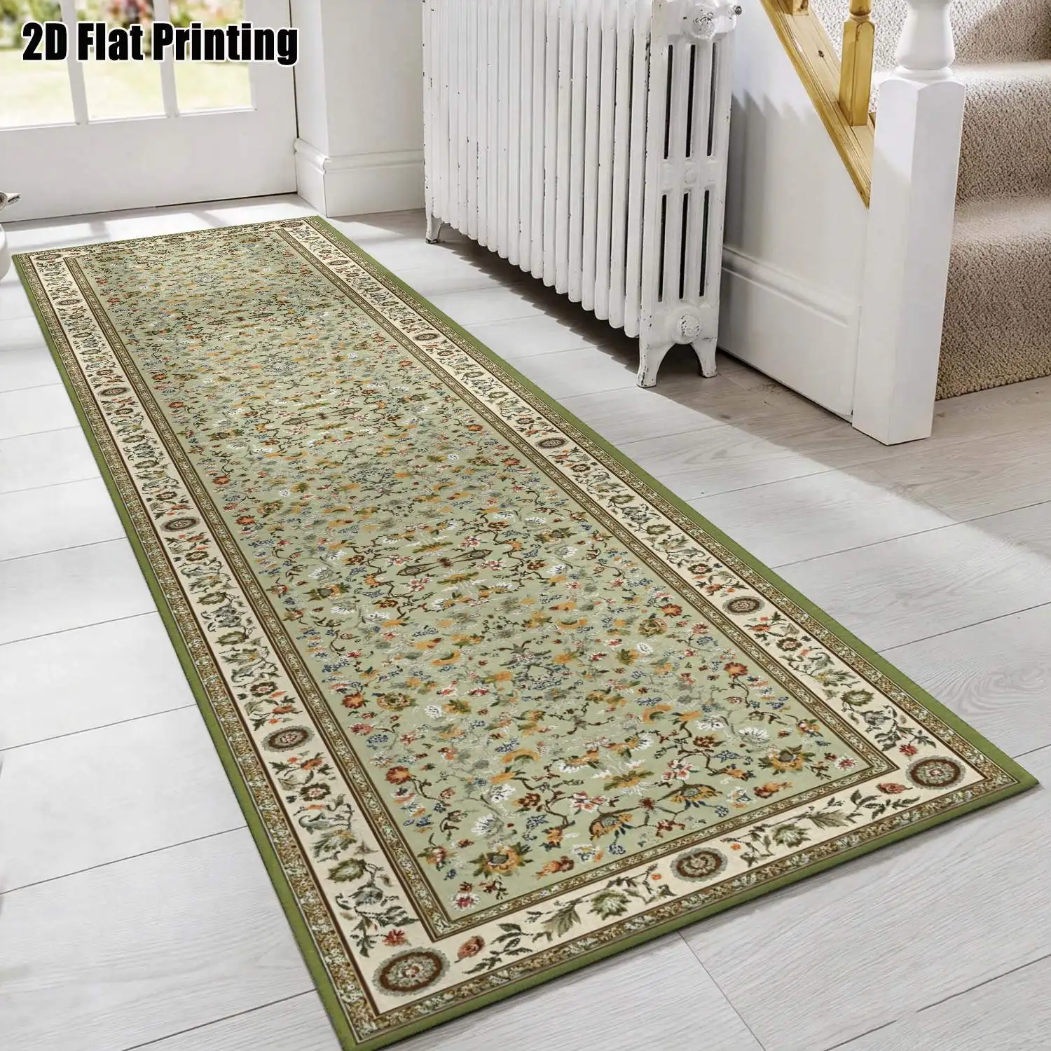 1Pc 2D Printed Long Strip Rug: Beige Retro Floral, European/Bohemian/Geometric Striped/Simple Styles, Home Decor, Multi-Size, Machine Washable, for Entryway, Hallway, Bedroom, Living Room