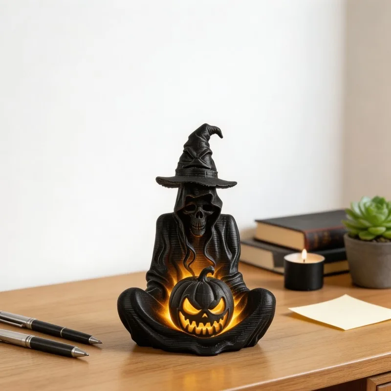 Gothic Skull Statue Halloween Grim Reaper 3D Printed Black Witch Figurine Pumpkin Lantern Gamer Desktop Room Ornament
