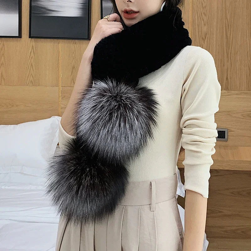 Rex Rabbit Hair Scarf Silver Fox Hair Ball Fur Scarf Encryption Thickened Fur Scarf