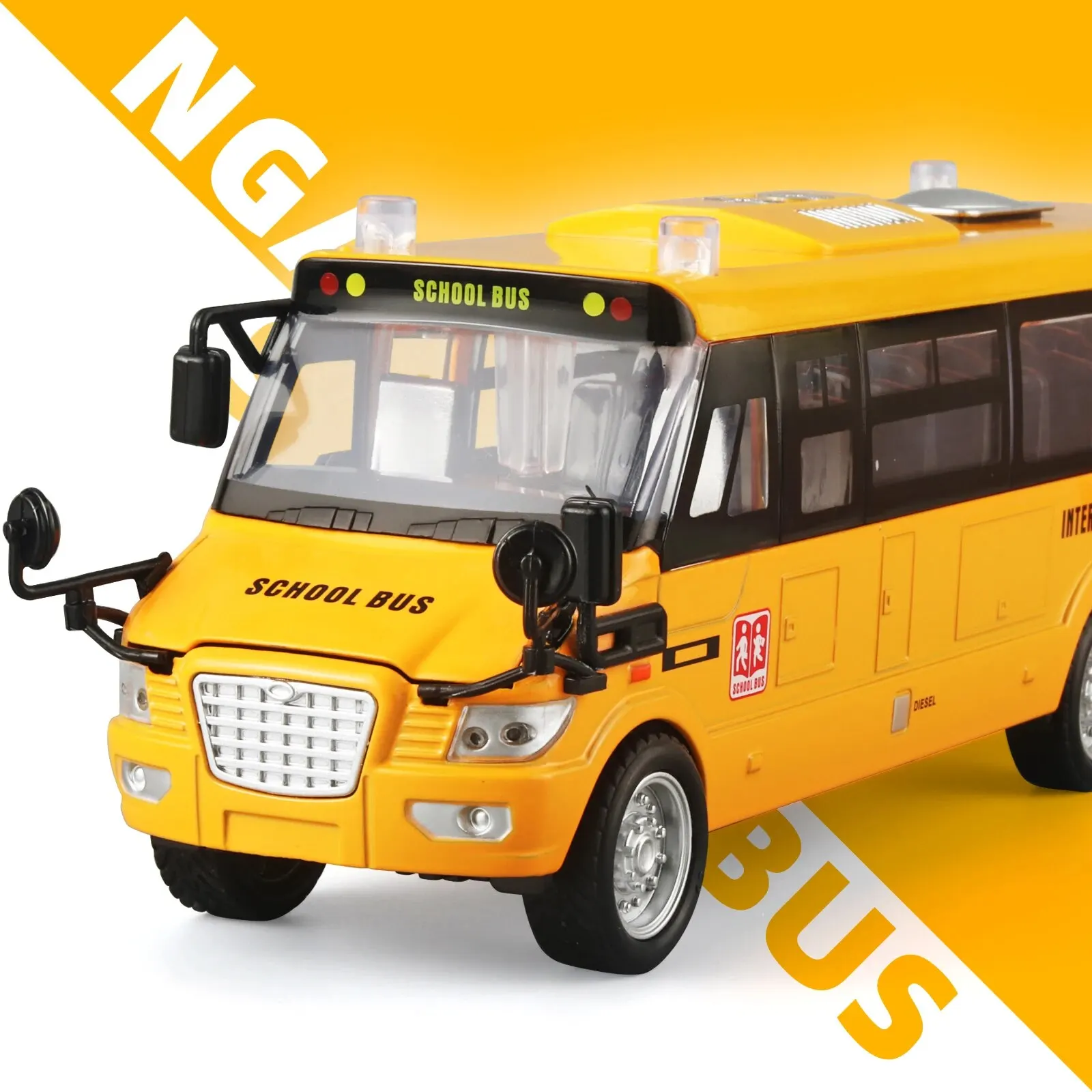 O ônibus escolar morre o brinquedo do molde, grande veículo do brinquedo do metal amarelo, puxa para trás carros modelo, portas openable, luzes e sons, 9 '', 1:24