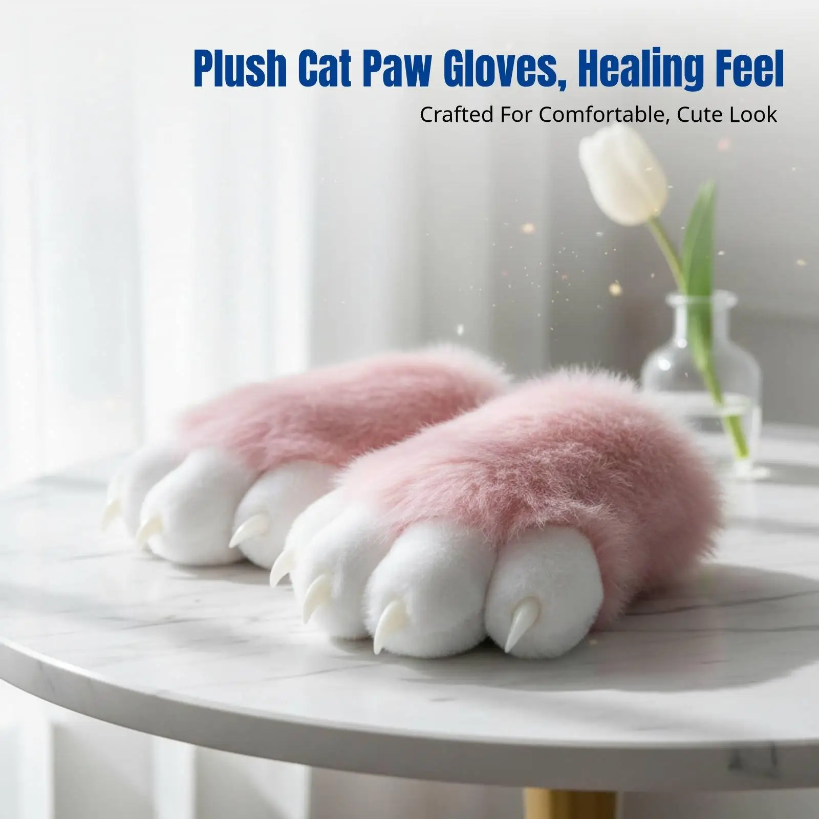 Plush Feline Paw Gloves, Cute Cosplay Accessory, Open Finger, Adult