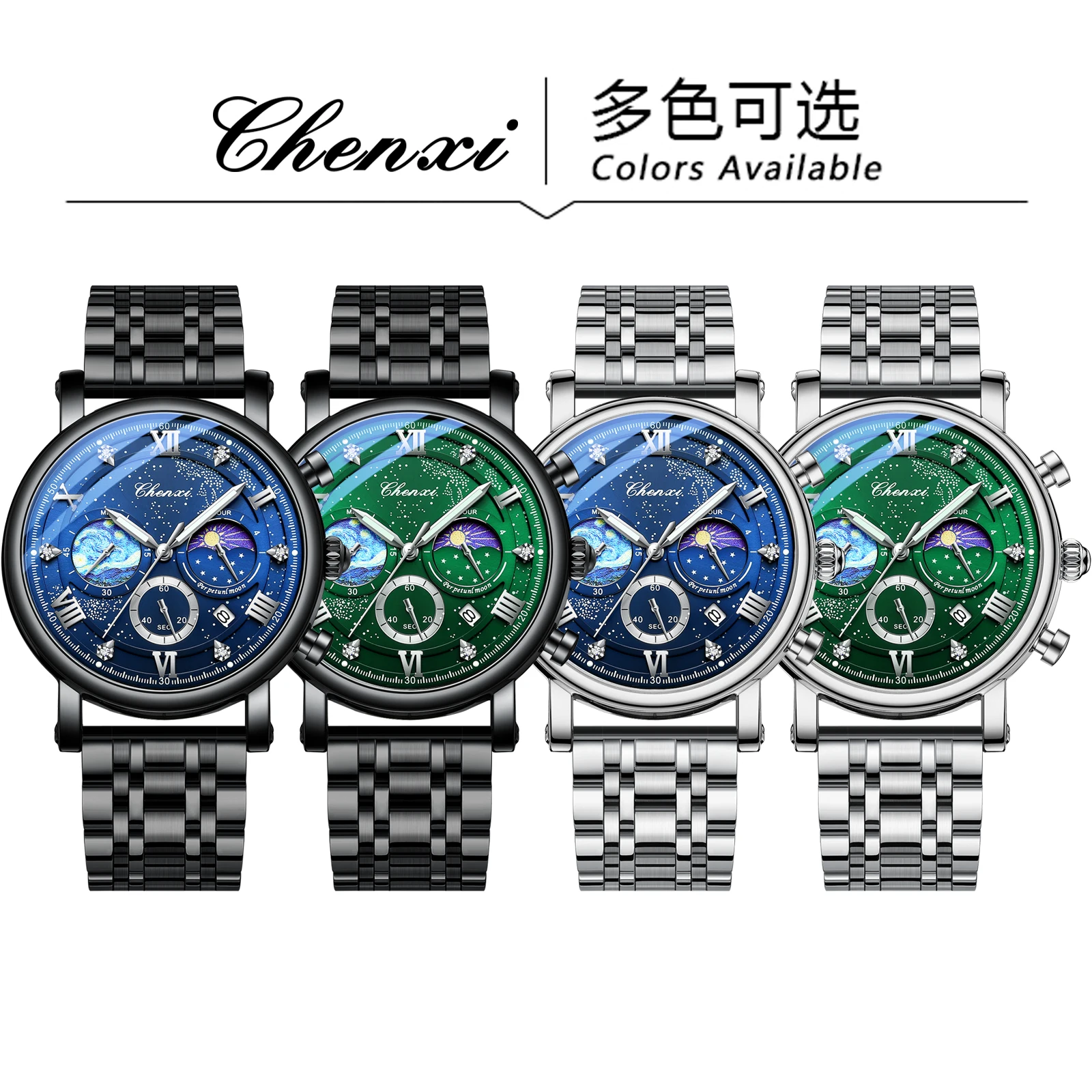 Chenxi 972S marca de lujo reloj de cuarzo de acero para hombre fase lunar deporte relojes de pulsera impermeables cronógrafo reloj Masculino