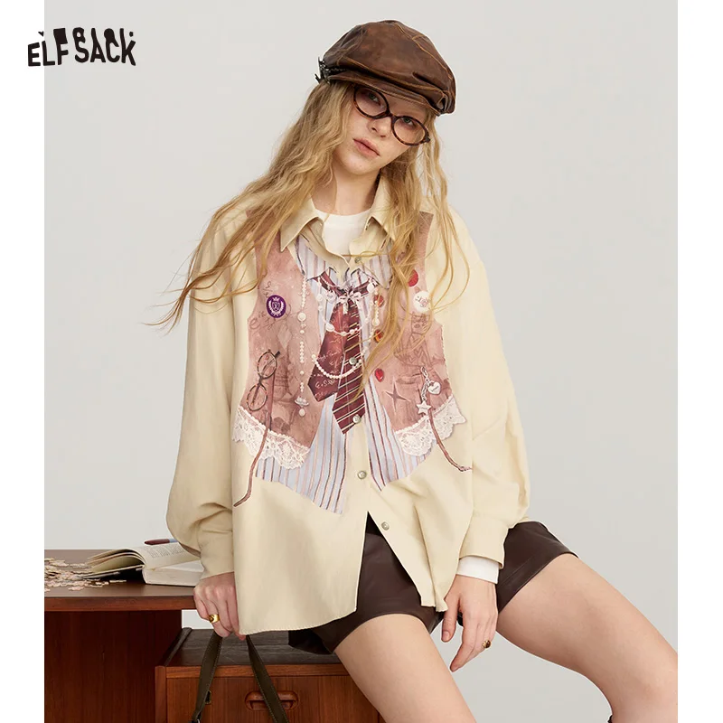 ELFSACK Women's Loose Striped Blouse with Faux Vest Tie & Necklace Print, Casual Top for Everyday Work