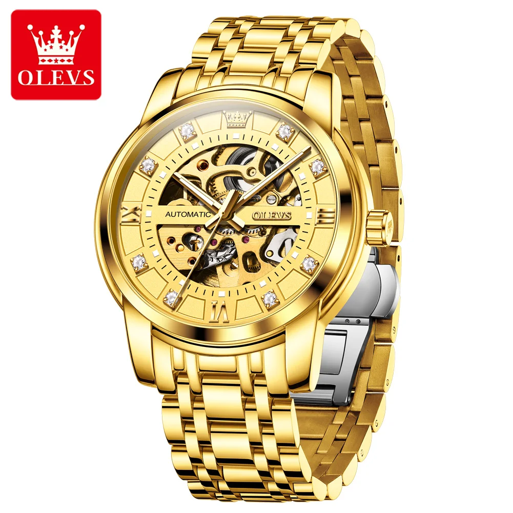 OLEVS 9901 Full Hollow Mechanical Watch for Men Stainless Steel Waterproof Luminous Skeleton Diamond Scale Automatic Wristwatch
