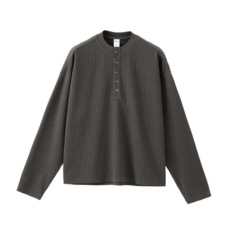 Man Knitting Base Layer 2025 Autumn New Men's Henley Neck Long Sleeve T-shirt Style Lazy Solid Color Casual Top