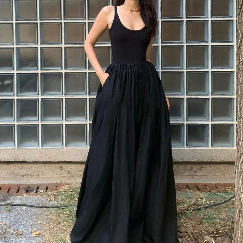 HOUZHOU gaun Maxi hitam elegan Chic Vintage tanpa lengan longgar ruffle wanita pesta klub malam jubah gaya Korea sundress