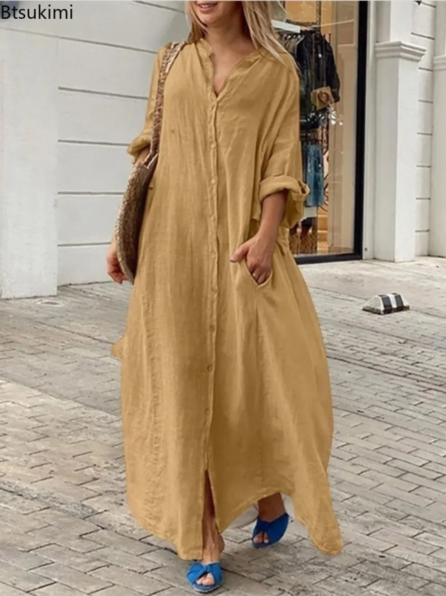 2025 Women's Casual Cotton Linen Long Dress Solid Long Sleeve Oversize Shirt Dresses Female Fashion Loose Ladies' Clothing Dress