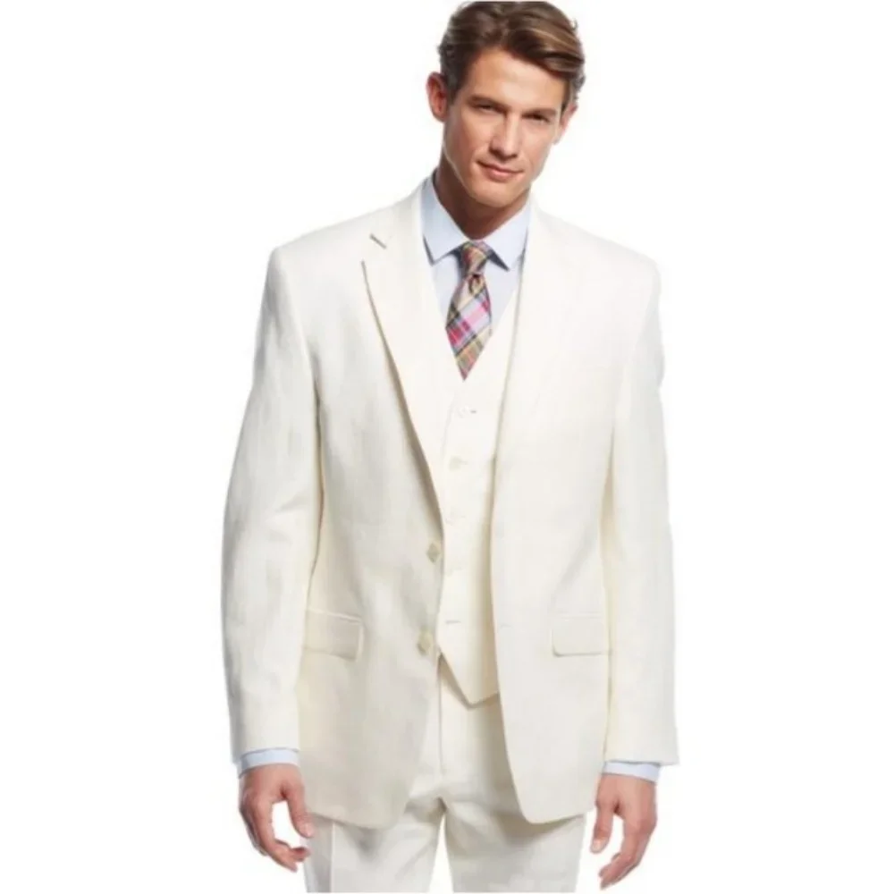 

White Men Autumn Wedding Party Three Pieces Set Large Size Male Blazer Coat Pants and Vest Fashion Slim Fit Suit
