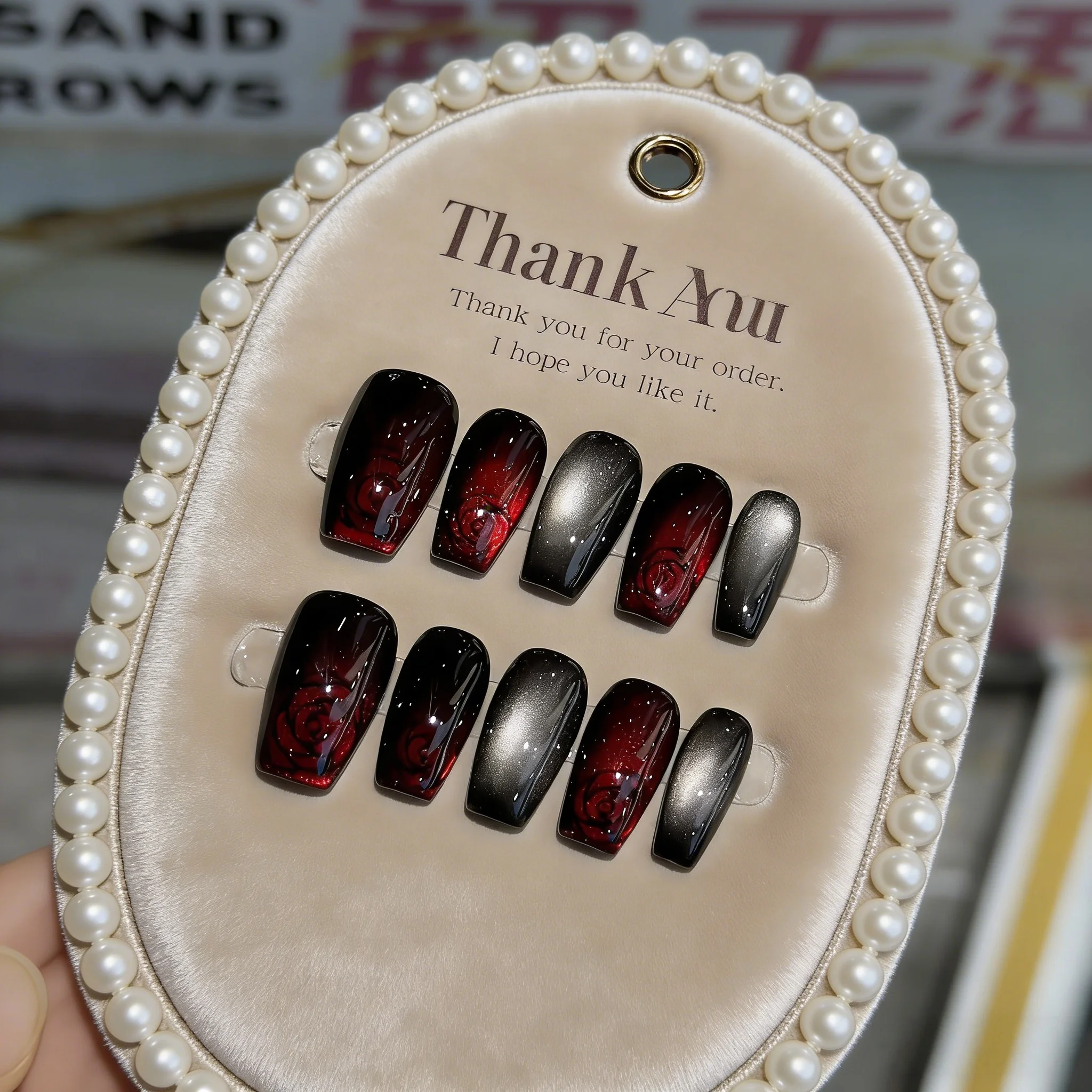 

10pcs Blood-Red Handmade Nails Glass Bead Rose Cat's Eye Press on Nail Short Ladder Fake Nail for Women&Girl False Nail Art