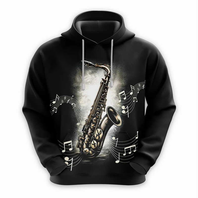 Fashion Saxophone Graphic Hoodies For Men Jazz 3D Musical Notes Printed Hooded Sweatshirt Casual Oversized Women Pullovers