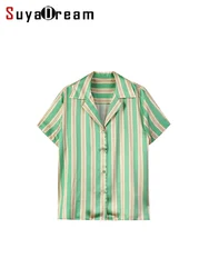 SuyaDream, Women Striped Shirts, 100%Real Silk, Short Sleeves,  Notch Collar Green Blouses, 2024 Spring Summer Chic Top