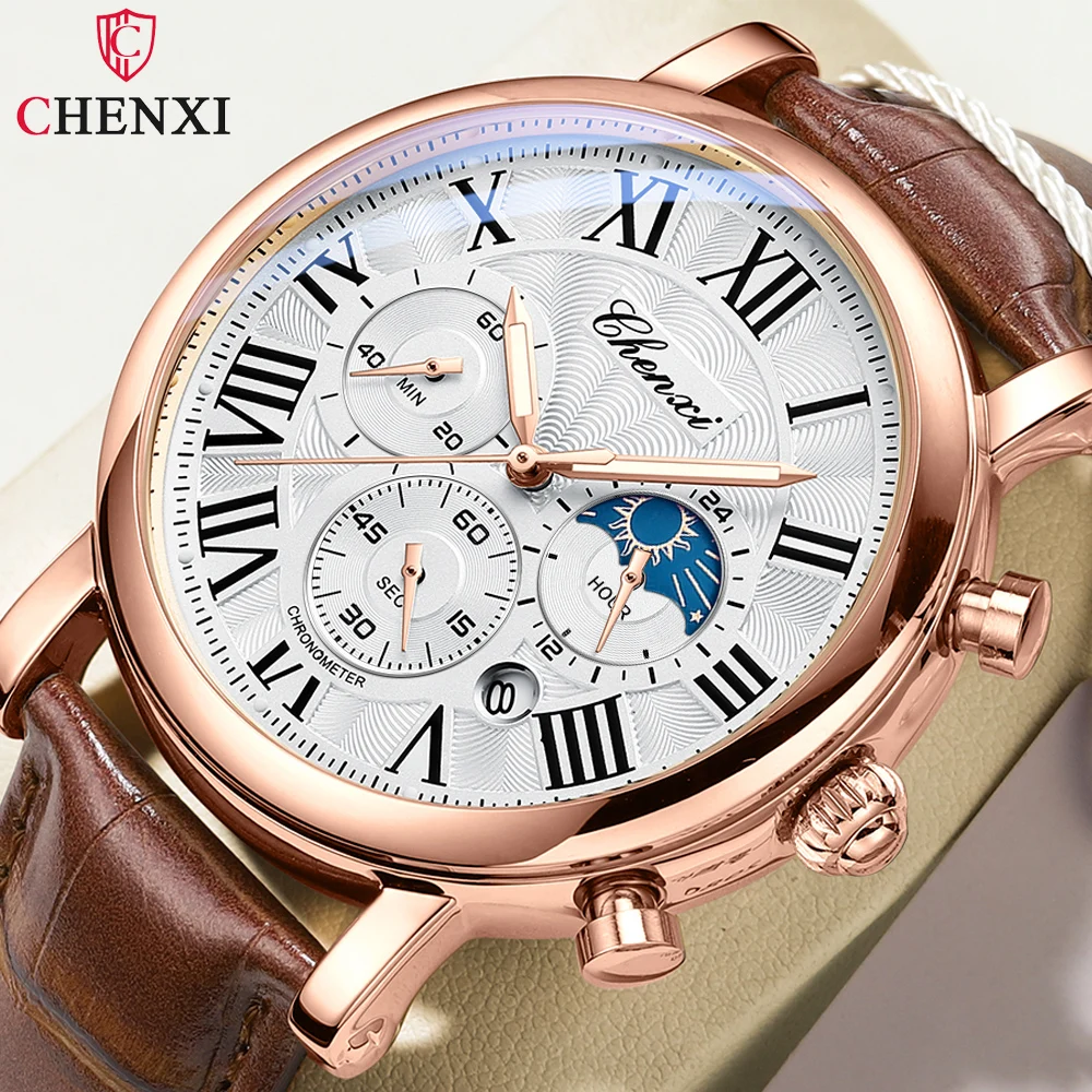 CHENXI Luxury Business Men Watch Fashion Chronograph Moon Phase Date Waterproof Multifunctional Men\'s Fashion Quartz Wristwatch