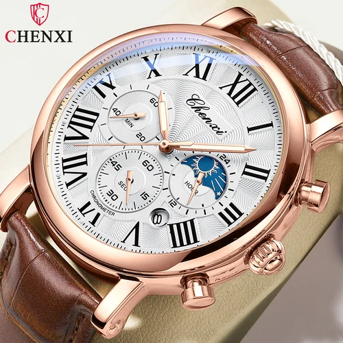 Imagen 1 del producto CHENXI-Reloj de pulsera de cuarzo multifuncional para hombre, cronógrafo de negocios de lujo, a la moda, con fecha de fase lunar, resistente al agua
