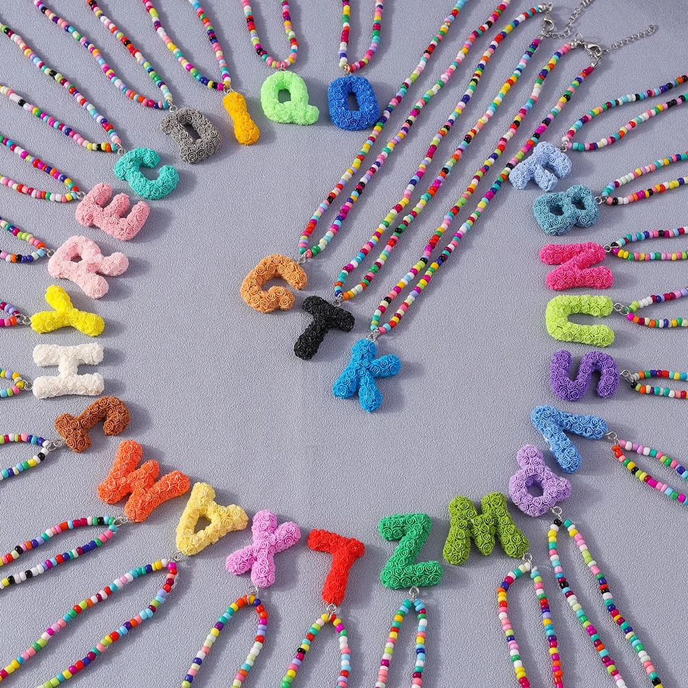 Fashion Candy Color Initial 26 Letters Alphabet A-Z Letter Necklace for Women Girls Beads Necklace Pendant Party Jewelry Gift