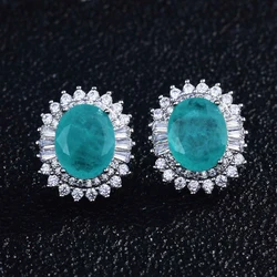925 Silver Needle Oval Shape Paraiba Tourmaline Gemstone Stud Earrings For Women Wedding Statement Jewelry Anniversary Gift