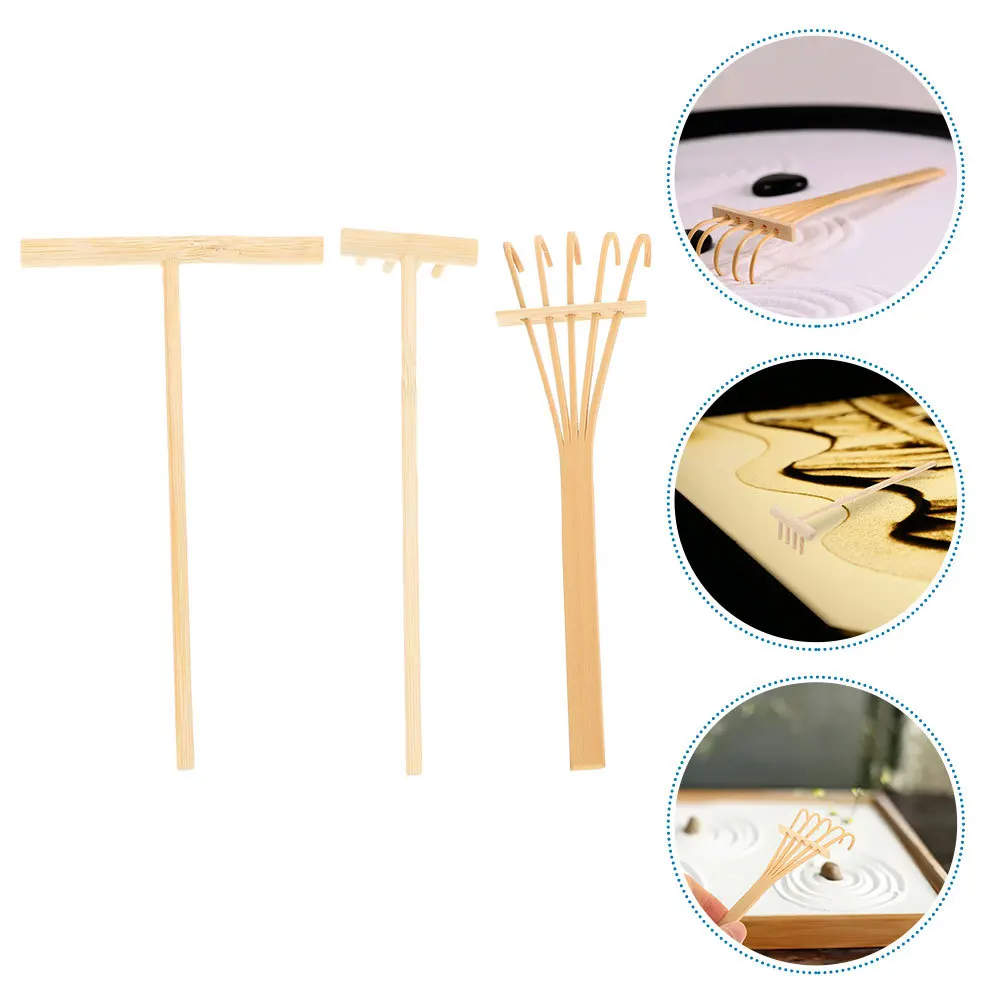 1セット竹製ミニレーキ、砂場庭園禅砂レーキプッシュツール、小型レーキセット、装飾砂場アクセサリー