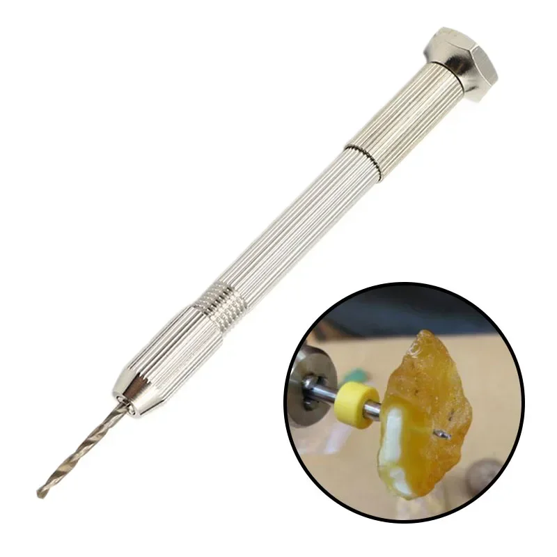 Single Head Hand Twisted Drill Handle with 10Pcs 0.8mm-3.0mm Drill Bits DIY Hole Punching Tool for Amber Walnut Resin Jewelry