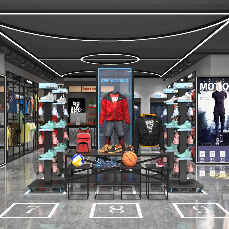 Custom. mobile wheels sneaker store fixtures metal multi ways floor rotating shoe display rack stand for shop