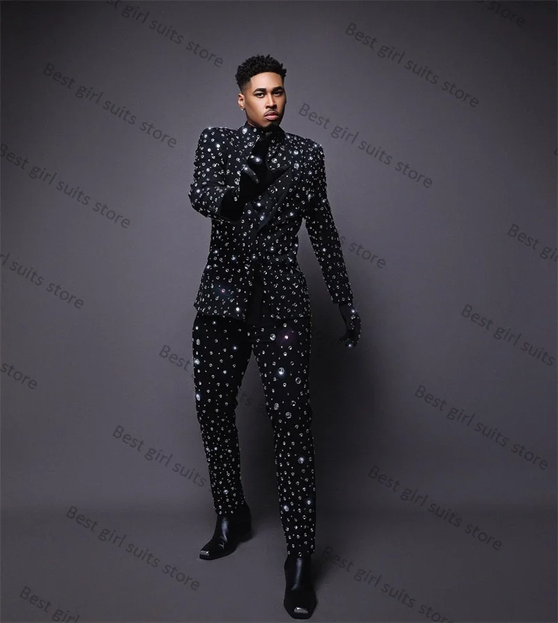 

Men's Suit Pants Set Velvet Black And Green Double Breasted Wedding Tuxedo Formal Business Best Man 2 Piece Blazer Coat Trousers