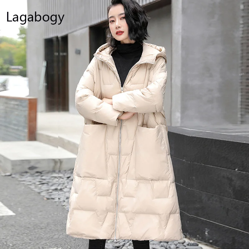 

90% 2023 New Winter Long Women Oversize White Duck Down Jacket Female Hooded Thick Warm Casual Pocket Parkas Snow Coat