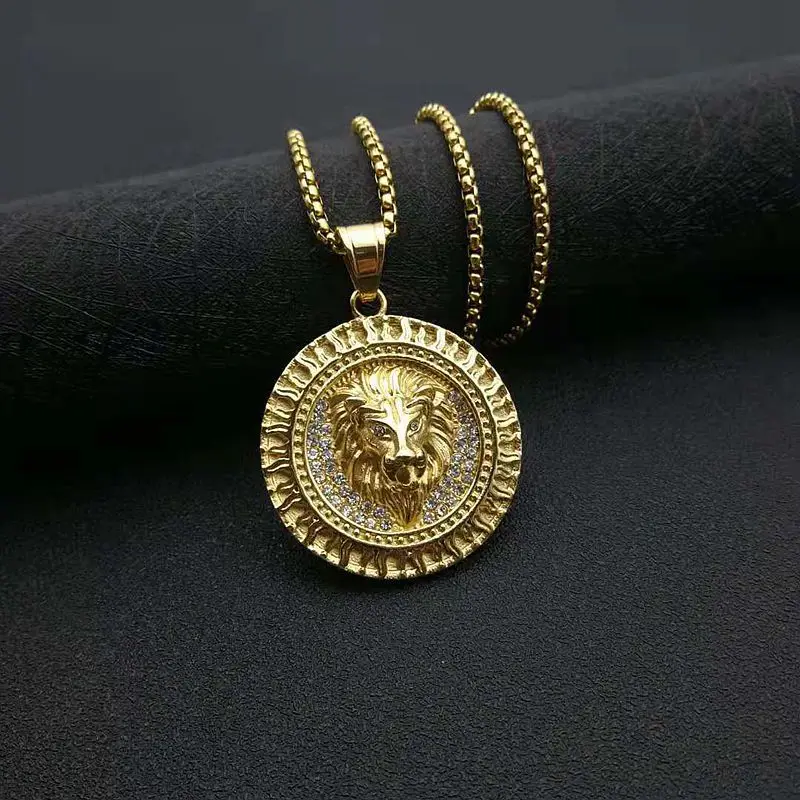 Stainless Steel Titanium Vintage Round Lions Head Fire Hip Hop Pendant Collar Chains Necklace for Men Women Gift Jewelry