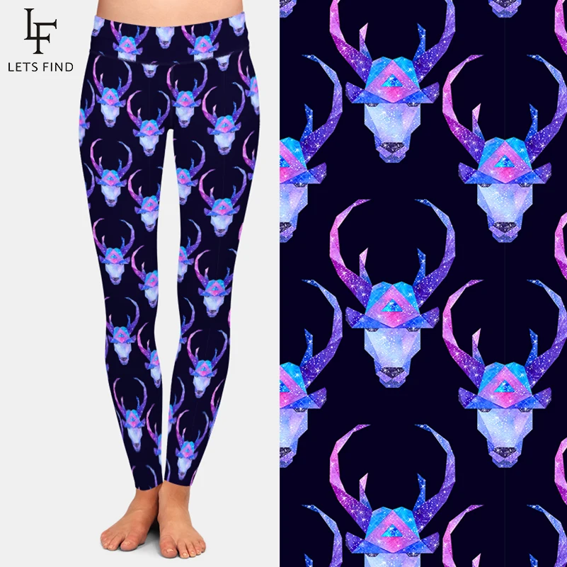 LETSFIND มาใหม่ล่าสุด Cosmic เหลี่ยมออกแบบกวางผู้หญิง Leggings แฟชั่นเอวหญิงกางเกงเก้า