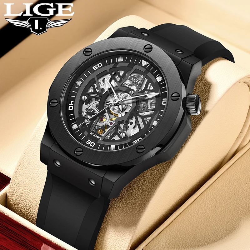 LIGE Design Automatic Watches for Men Hollow Out Fashion Luxury Silicone Mechanical Man Watch Waterproof Luminous Wristwatch+Box