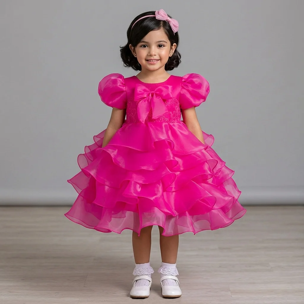 Girl's train layered dress princess birthday dress piano performance hot pink dress four colors