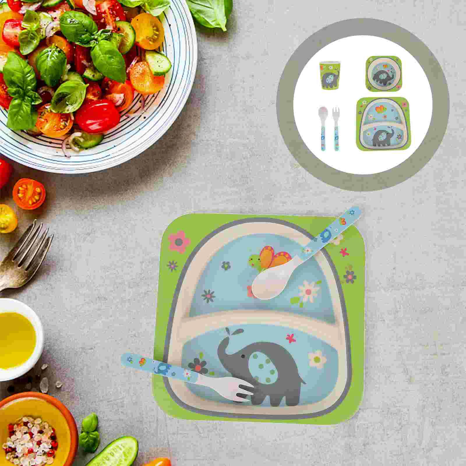 5 Pcs Bamboo Fiber Tableware Cutlery Serving Utensils Children Dining Kit Cartoon