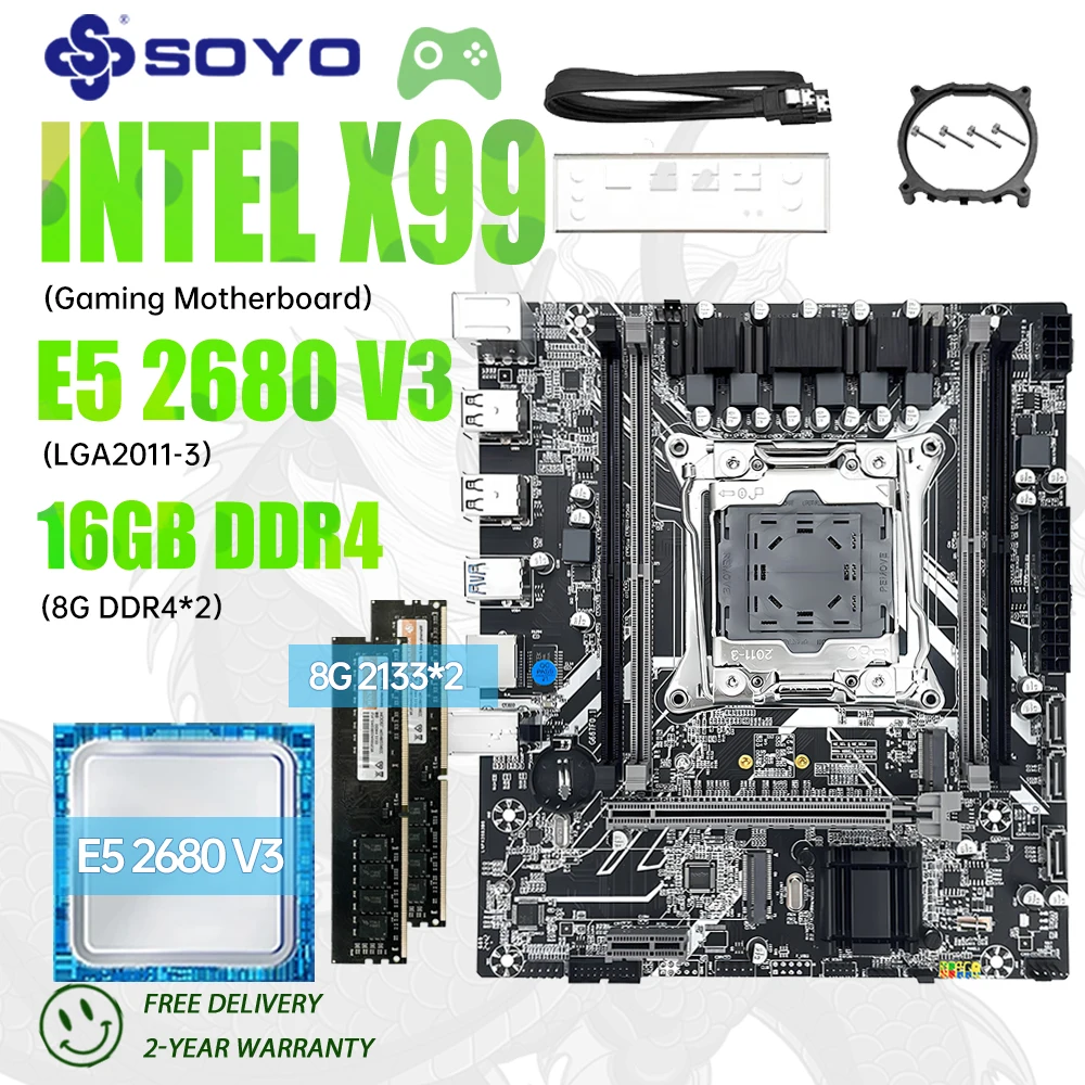 

SOYO X99 Motherboard Kit with LGA2011-3 Xeon E5 2680 V3 DDR4 16GB (2*8GB) 2133MHz NVME M.2 SATA RAM X99 for Desktop Computer