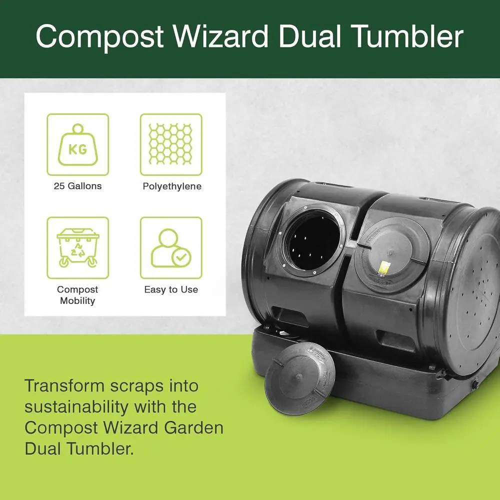 Dueling Tumbler, 7 Cubic Foot Capacity | 2 Large Rotating Composter Bins, Holds 25 Gallons Each - Dual Chamber Compost System fo