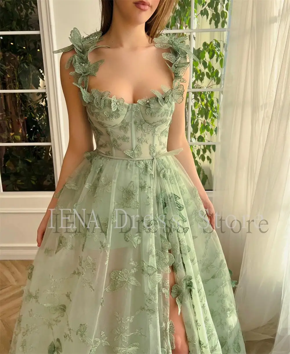 personalizado 14705 #   Vestido de fiesta de mariposa verde salvia elegante escote corazón flores 3D hasta el suelo vestido de fiesta de noche vestido de fiesta de cumpleaños