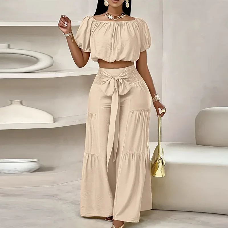 

Women Casual Short Sleeve Loose 2Pc Outfits Fashion Commuter Bow Tie-up Solid Suits Sexy Slash Neck Pullover Top & Long Pant Set