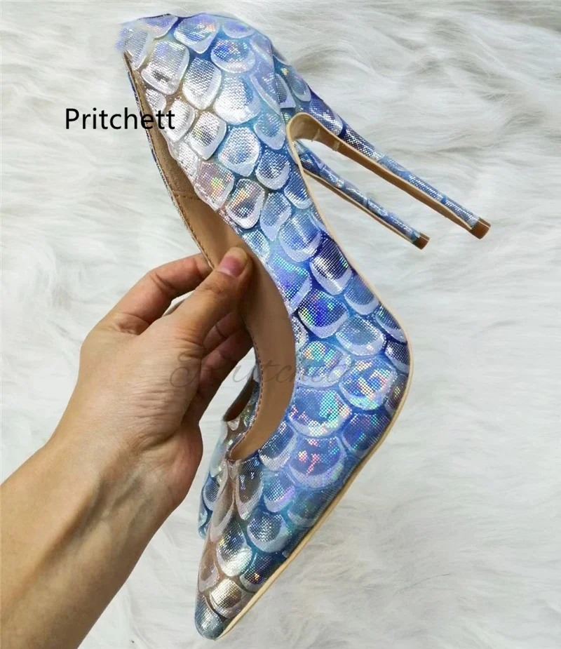 Fish Scale Pattern Gradient High Heels Women's Pumps Sexy Pointed Toe Stiletto Thin High Heeled Slip On Wedding Party Shoes