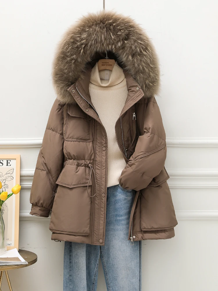 2023 Real Raccoon Fur Collar New Winter Women Pocket 90% White Duck Down Jacket Female Thick Warm Parka Loose Outerwear