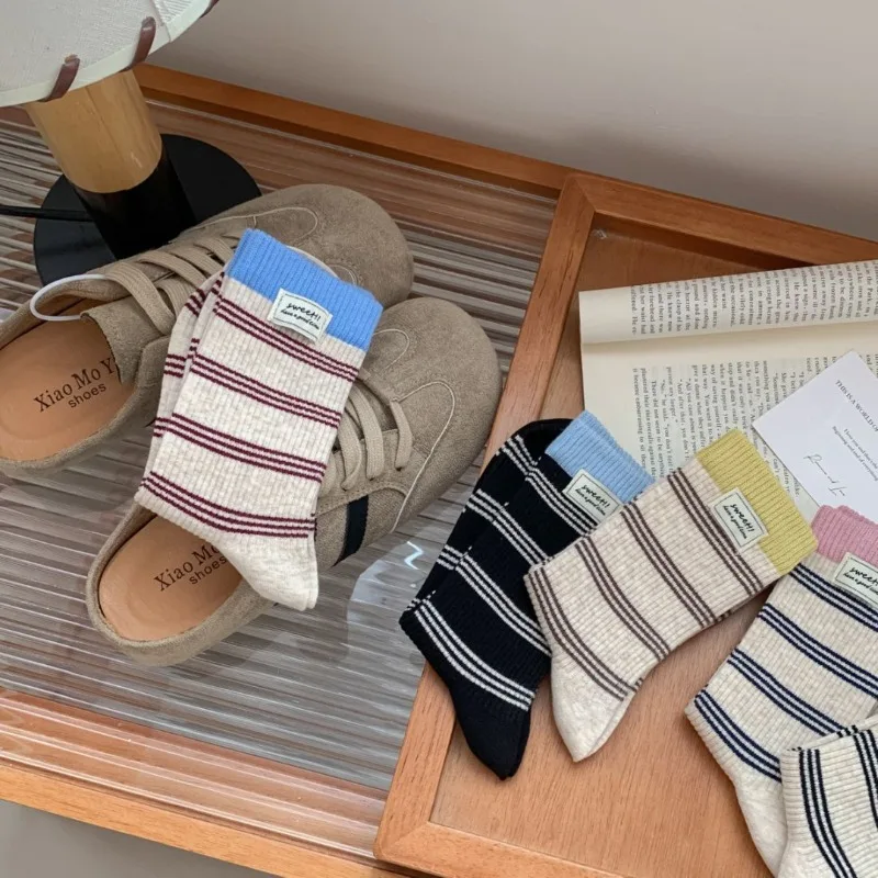 Fall Women's Striped Korean-Style Casual Mid-Calf Cotton Socks Set High Quality School Socks for Girls
