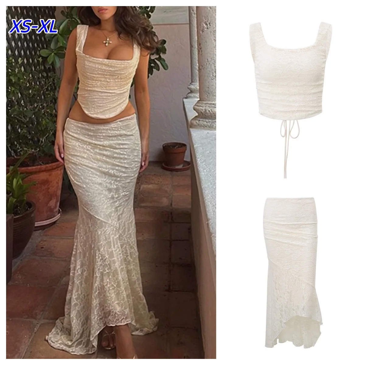

White Lace Vintage Sexy Two Piece 2026 Backless Tops Ruffle Long Skirt Women Set Elegant Evening Party 2 PCS Women Suits Y2k
