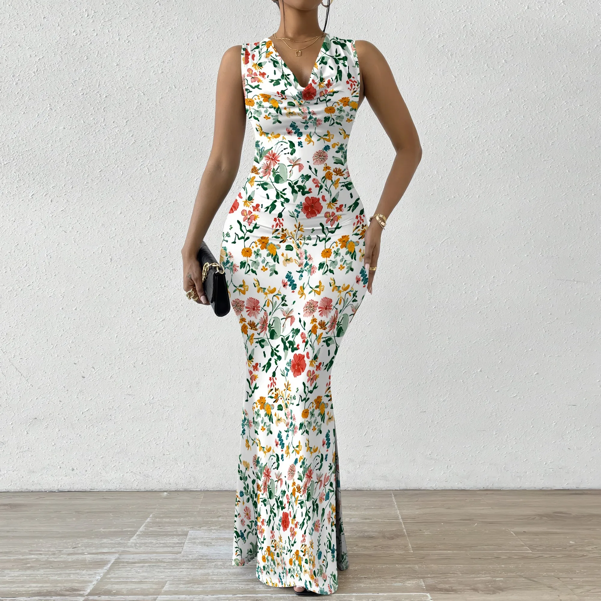 

Floral Print Bodycon Maxi Dress White Elegant Sleeveless Cowl Neck Spring Wedding Guest Church Brunch Dress XS-2XL