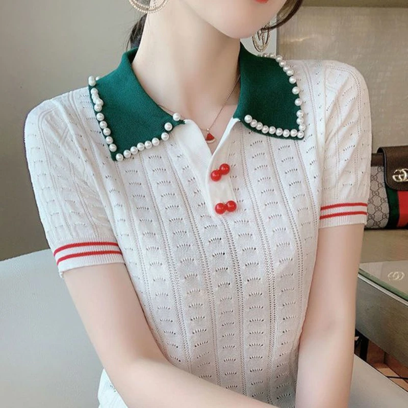 

Hollow Ice Silk Sweater Short-sleeved T-shirt for Women's Summer Beaded Polo Collar Top