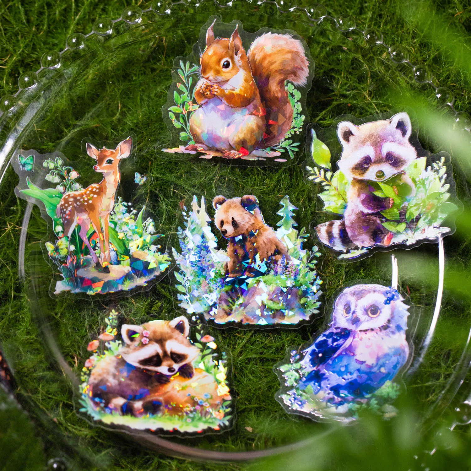 10 Pcs/pack Forest Animals Stickers Set Glitter Holographic Transparent Waterproof Scrapbook Stickers for Journaling Planner Art