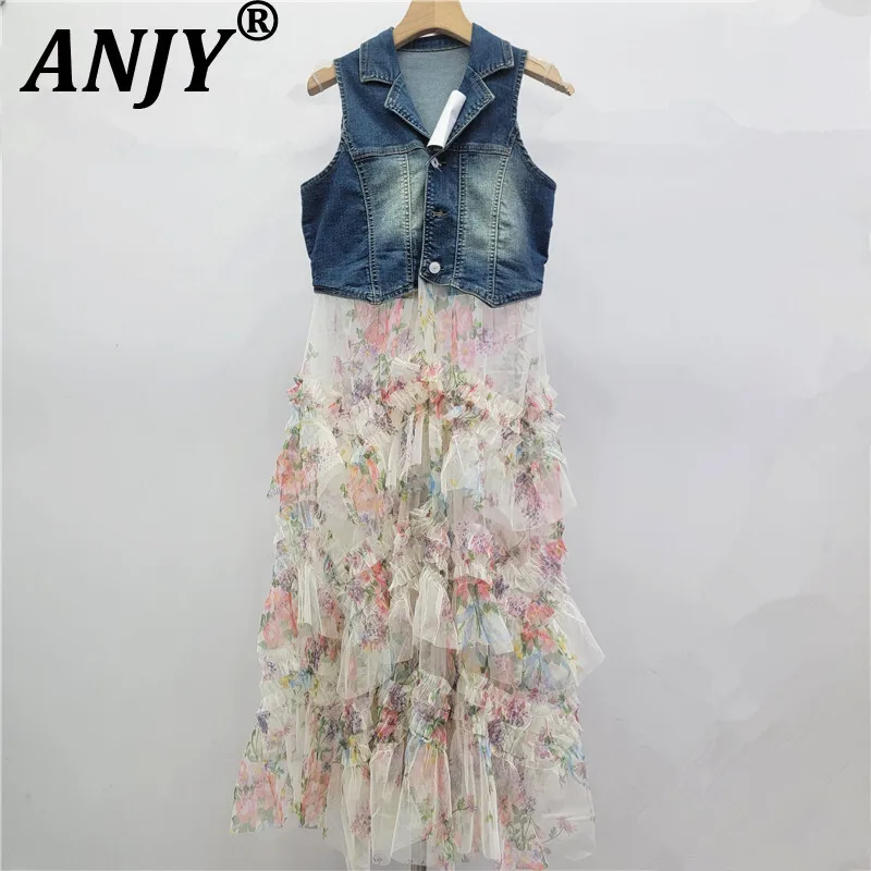 ANJY Herfst Nieuwe Vrouwen Europese Slim Fit Denim Vest Patchwork Gedrukt Mesh Zoete Taart Rok Elegante Bloemen Puffy Ins Jurk A16769