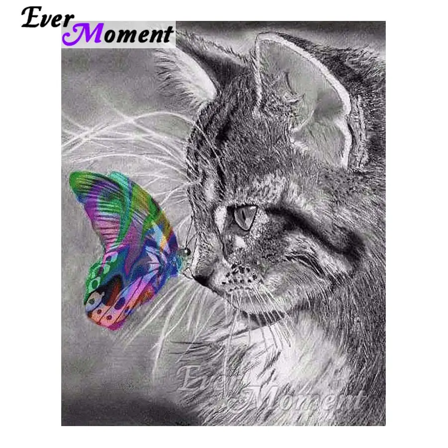 

Алмазная картина Ever Moment, кошка, бабочка, вышивка крестиком, квадратная дрель ручной работы, 5D DIY, алмазная вышивка, украшение для дома S2F159
