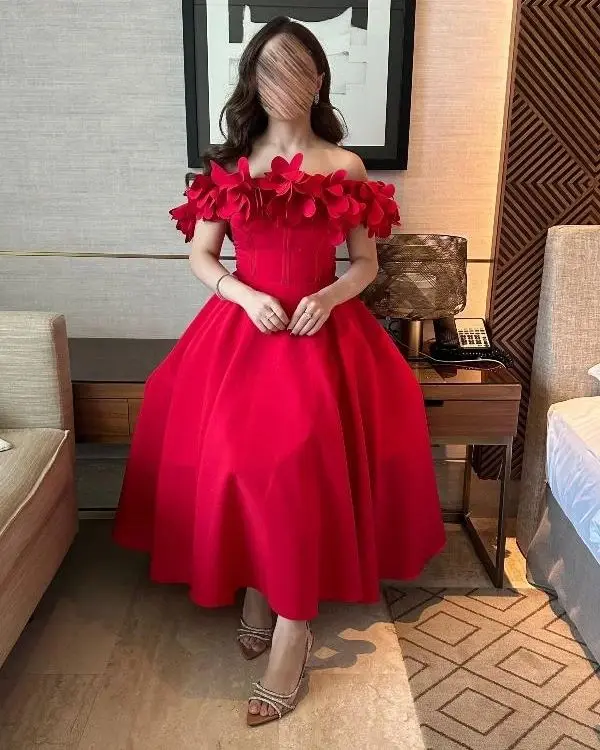 

Customized Off The Shoulder Prom Dresses Sleeveless Ankle Length Pleated Flowers Party Gowns for Women Evening Dresses