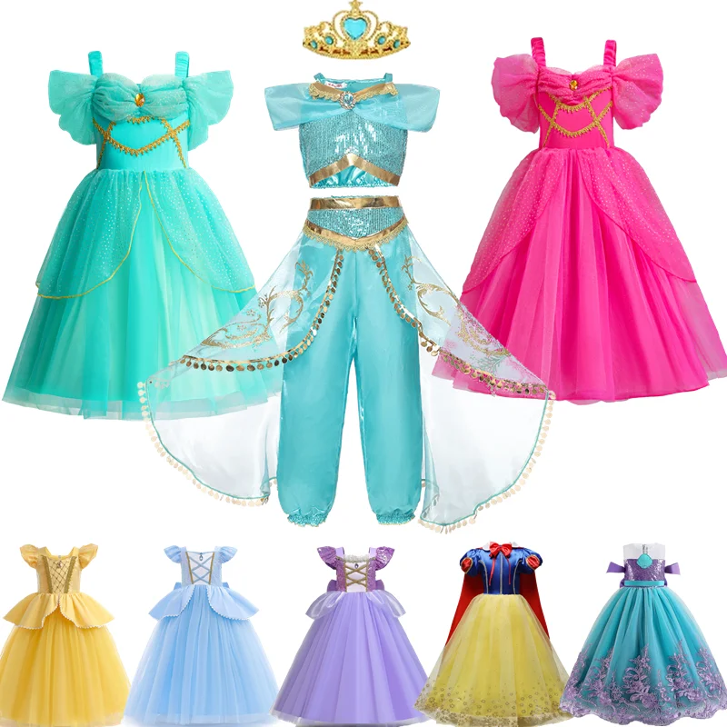 2024 Jasmine Princess Costumes for Girls Sequined Mesh Ball Gown Halloween Carnival Kids Cosplay Belle Cinderella Rapunzel Dress