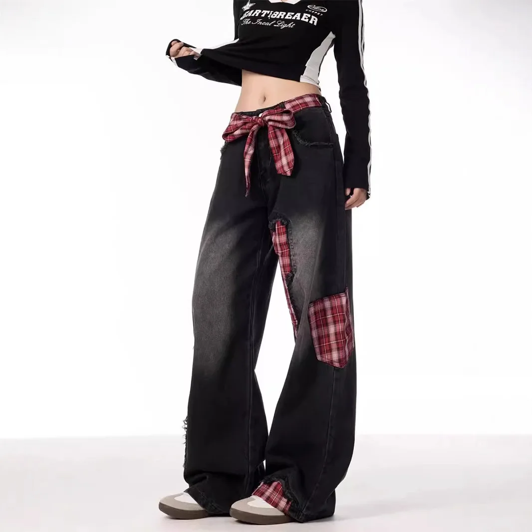 

Джинсы в американском стиле с поясом и бантом, женские свободные милые и крутые прямые широкие брюки в клетку, 2025 г.