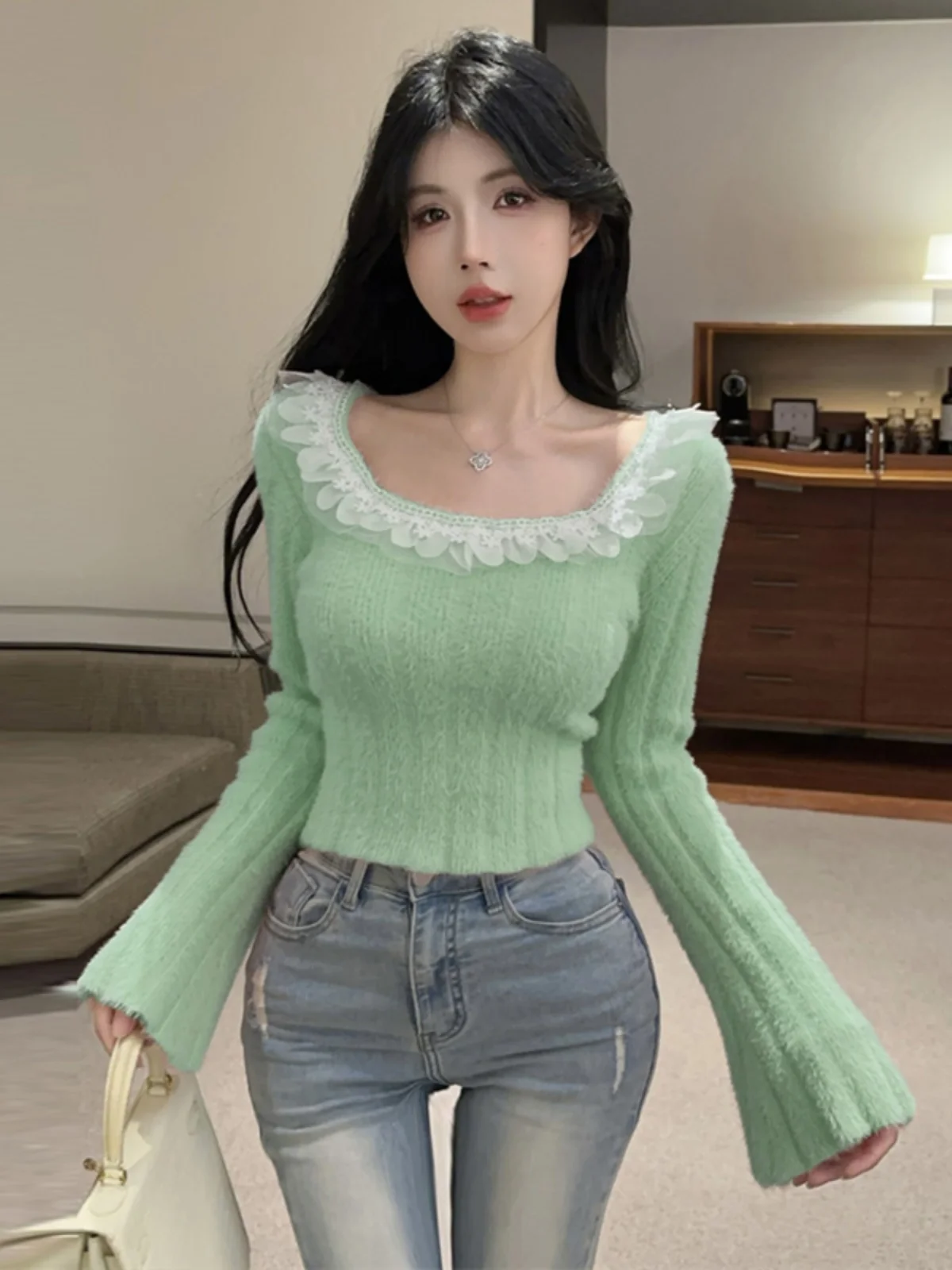 Gagarich Fashion Sweet Woman Spring Autumn Sweater Square Collar Pullover Design Featuring Trendy Woolen Knitted Pullover Top