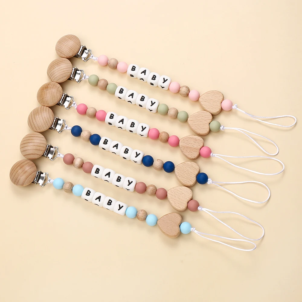 Fashion Personalized Name Baby Pacifier Clips Wooden Dummy Nipple Holder Clip Chain Silicone Letter Beads Newborn Teething Toys