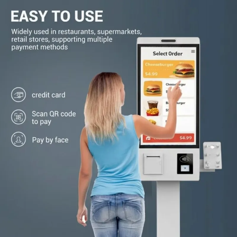Zelfbedieningskaartjes- en wachtrijkiosk met 27-32 inch touchscreen en NFC-lezer