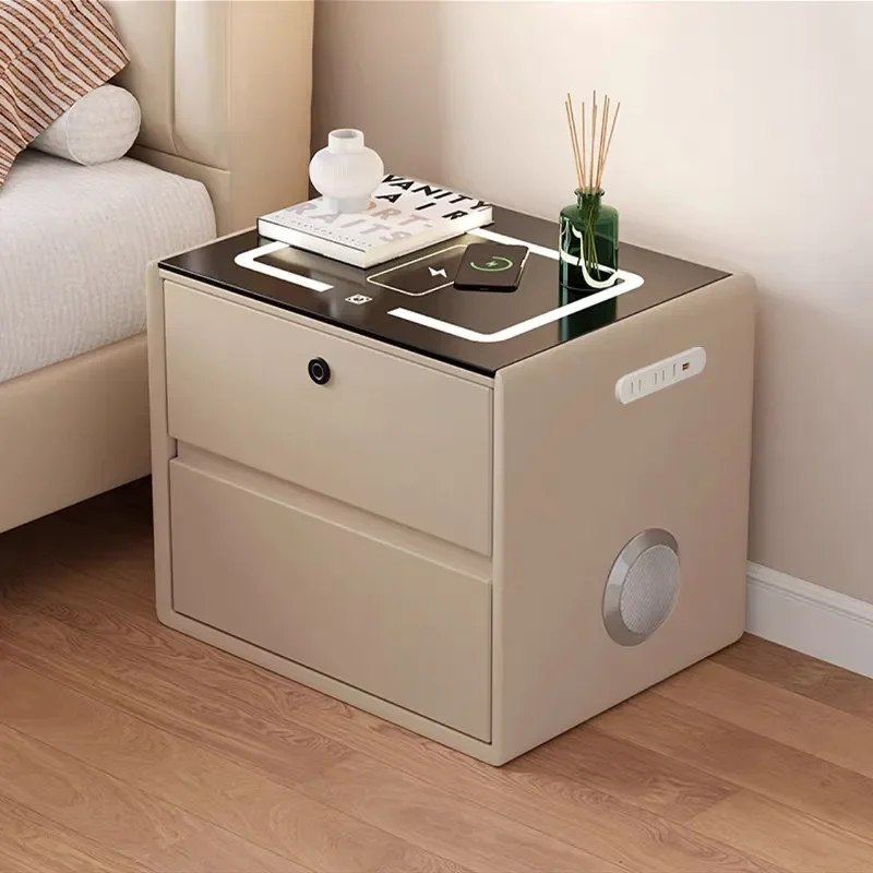 Cream Wind Smart Bedside Table Solid Wood Bedroom Cabinet Modern Simple Locked Multifunctional Storage Nightstand