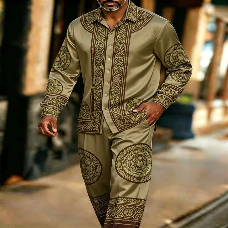 Men Satin 2 Piece Outfit African Tribal Ethnic Print Long Sleeve Button Shirt & Pants Male Luxury Silky Loungewear Home Suit Plu